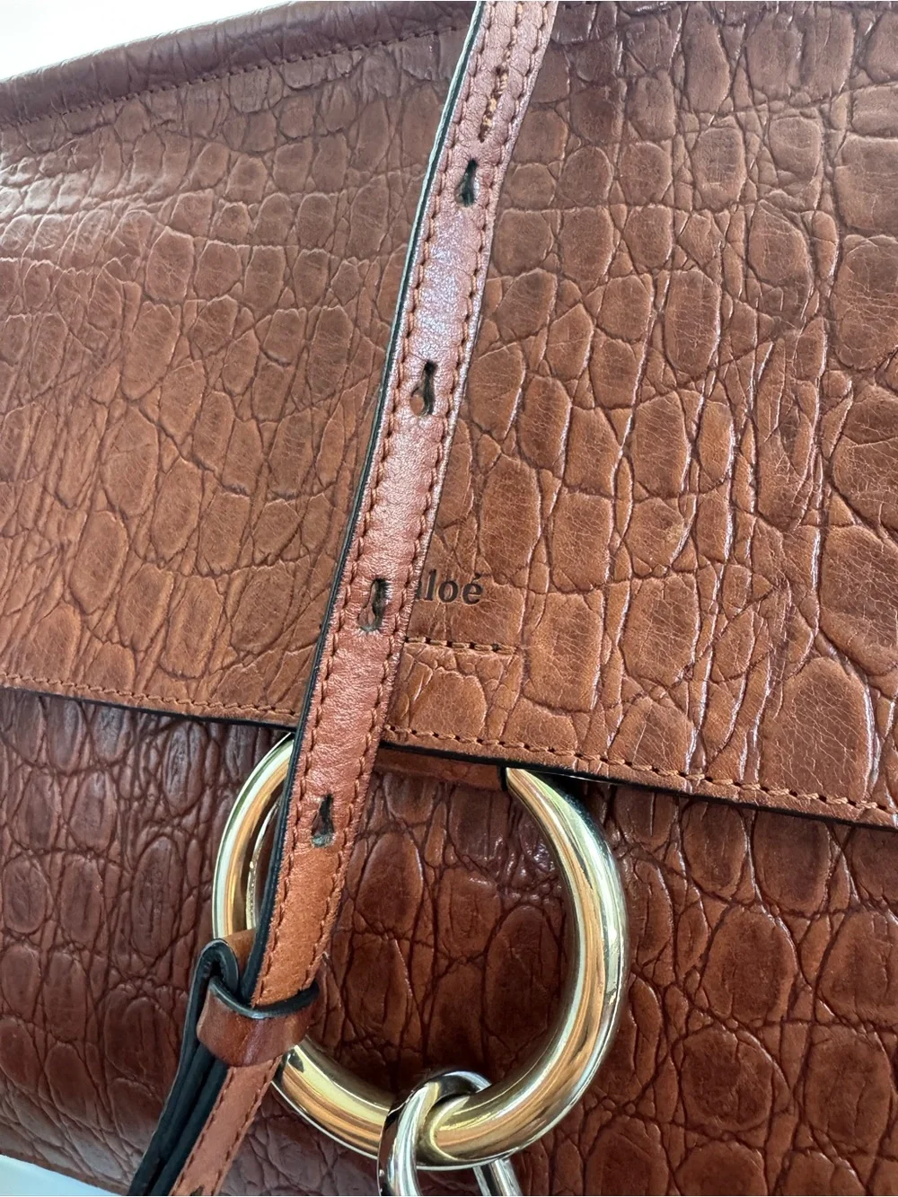 Authentic Chloé Large Faye Brown Croc Embossed Leather Shoulder Bag